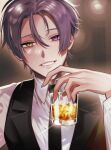 1boy alcohol bartender bishounen black_necktie cup drinking_glass heterochromia holding holding_cup ice ice_cube kuya_(nu_carnival) long_sleeves looking_at_viewer male_focus mole mole_under_eye necktie nu_carnival parted_lips purple_hair purple_nails short_hair smile violet_eyes whiskey yaaakubi yellow_eyes 