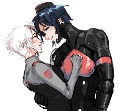  2girls android ariane_yeong black_hat blue_eyes blue_hair elster_(signalis) eye_contact fingerless_gloves from_side gloves grey_gloves hand_on_another's_back hand_on_another's_chest hat highres kisexey looking_at_another metal_skin multiple_girls red_eyes short_hair signalis simple_background sketch smile upper_body white_background white_hair yuri 