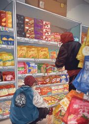  2boys background_request bandana bandana_around_arm black_hair black_jacket black_pants blowing_bubble_gum blue_jacket chewing_gum chips_(food) commentary_request cowboy_shot cropped_jacket ear_piercing facing_away feet_out_of_frame film_grain food from_behind harai_kuko harai_kuko_(tdd_era) highres hoho3nta hood hood_up hoodie hypnosis_mic indoors jacket jacket_over_hoodie lotus_print male_focus multicolored_jacket multiple_boys pants piercing plug_(piercing) price_tag red_bandana red_hair red_hoodie shelf shop shopping shopping_basket short_hair skeleton_print sleeves_rolled_up spiky_hair squatting sukajan two-tone_jacket very_short_hair wallet_chain white_jacket yamada_ichiro yamada_ichiro_(tdd_era) 