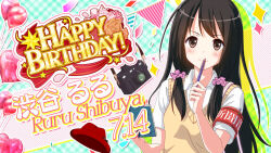  1girl armband bad_id balloon bilingual_text black_hair breasts brown_eyes camera character_name closed_mouth confetti english_text flower game_cg hair_ornament hair_scrunchie happy_birthday hat heart_balloon holding holding_pen idol_wars long_hair low-tied_sidelocks mixed-language_text official_art orange_flower orange_rose pen pink_scrunchie plaid_background red_armband red_hat red_ribbon ribbon rose scrunchie second-party_source shibuya_ruru shirt short_sleeves sidelocks small_breasts smile solo sparkle star_(symbol) string_of_flags sweater_vest unworn_hat unworn_headwear upper_body white_shirt yellow_sweater_vest 