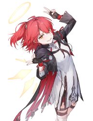  1girl absurdres arknights black_gloves black_jacket breasts commentary cowboy_shot cropped_jacket detached_wings double_v dress energy_wings exusiai_(arknights) exusiai_the_new_covenant_(arknights) fingerless_gloves gloves grin halo hands_up highres jacket long_hair long_sleeves looking_at_viewer looking_to_the_side looking_up open_clothes open_jacket open_mouth red_hair simple_background small_breasts smile solo standing takoyaki5221 untranslatable_commentary v white_background white_dress wings yellow_eyes yellow_halo yellow_wings 