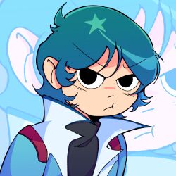  1boy absurdres alternate_art_style androgynous blue_hair gundam highres kamille_bidan pout scott_pilgrim_(series) scott_pilgrim_takes_off zeta_gundam 