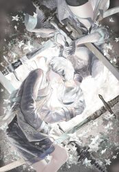  1boy 1girl 2b_(nier:automata) 9s_(nier:automata) black_choker black_dress black_gloves black_jacket black_shorts black_thighhighs black_visor blindfold blindfold_lift breasts choker closed_eyes closed_mouth commentary_request crossed_swords dress enmokuritsu-d feather_trim feet_out_of_frame flower gloves grey_hair hand_in_another's_hair highres interlocked_fingers jacket juliet_sleeves leotard long_sleeves medium_breasts nier:automata nier_(series) own_hands_clasped own_hands_together puffy_sleeves short_hair shorts side_slit sword thigh-highs turtleneck turtleneck_dress weapon white_flower white_leotard 