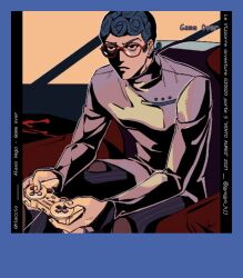  1boy blue_hair chair character_name commentary_request controller curly_hair frown game_controller game_over ghiaccio glasses gyogyo_hjj holding holding_controller holding_game_controller jacket jojo_no_kimyou_na_bouken korean_commentary male_focus pants playstation_controller red-framed_eyewear sitting solo striped_clothes striped_pants twitter_username vento_aureo vertical-striped_clothes vertical-striped_pants white_jacket 