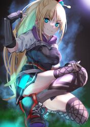  >:) 1girl aqua_eyes arm_guards backlighting black_gloves black_shoes black_skirt blonde_hair blush breasts commentary_request convenient_leg cross-laced_shoes eyes_visible_through_hair fingerless_gloves fishnet_thighhighs fishnets full_body gloves hair_between_eyes hand_up heaven_burns_red highres kanzaki_adelheid large_breasts long_hair looking_at_viewer miniskirt moonlight night ninja noir_(nowaru) outdoors ponytail shirt shoes short_sleeves sidelocks signature skirt smoke smug sneakers solo squatting thigh-highs thighs tiptoes v-shaped_eyebrows very_long_hair white_shirt 