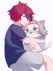  1boy aged_down ahoge animalization aotsuki_eito black_shirt black_streaks character_doll closed_eyes commentary doll drooling english_commentary glasses grey_hair highres hugging_object jacket male_focus mouth_drool multicolored_hair noct2aa red_hair semi-rimless_eyewear shirt short_hair shorts sleeping streaked_hair stuffed_toy sumino_takumi the_hundred_line_-last_defense_academy- two-tone_hair violet_eyes white_background white_jacket white_shorts 