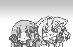  2girls aki_rosenthal aki_rosenthal_(gaming_casual) alcohol animal_ear_fluff animal_ears beer beer_can can chibi closed_mouth commentary_request drawstring drink_can drooling ears_down face_of_the_people_who_sank_all_their_money_into_the_fx_(meme) grey_background greyscale hakui_koyori hakui_koyori_(summer) highres holding holding_can hololive hood hood_down hooded_jacket jacket long_sleeves meme mitarashi_neko monochrome mouth_drool multiple_girls newspaper open_clothes open_jacket open_mouth puffy_long_sleeves puffy_sleeves shirt stiff_tail tail virtual_youtuber 