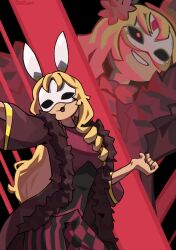  1girl :3 :d absurdres animal_ears argyle_clothes argyle_pants arm_up black_background black_hat black_pants black_shirt blonde_hair braid braided_sidelock breasts brown_coat coat commentary contrapposto cowboy_shot english_commentary eye_mask fake_animal_ears flower from_below fur-trimmed_coat fur_trim gem gold_trim grin hair_flower hair_ornament hair_over_shoulder hand_up hat highres hollow_eyes instrument long_hair long_sleeves lyre mask masquerade_mask medic_(masquerade)_(tower_defense_simulator) medic_(tower_defense_simulator) mr_plagu3 multiple_views official_alternate_costume official_alternate_hair_color official_alternate_hair_length official_alternate_hairstyle open_clothes open_coat open_mouth outstretched_arm pants rabbit_ears red_eyes red_flower red_gem red_pants red_shirt red_trim roblox shirt simple_background small_breasts smile standing striped_clothes striped_pants tongue tower_defense_simulator two-tone_shirt upper_body vertical-striped_clothes vertical-striped_pants very_long_hair white_mask wide_sleeves 