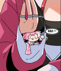  2girls animal_ears blush_stickers chattino_(raora_panthera) che_vuoi?_(italian_gesture) chibi coat dual_persona fongban_illust hololive hololive_english long_sleeves mini_person minigirl multiple_girls panther_ears panther_girl panther_tail peeking_out pink_coat pink_hair raora_panthera raora_panthera_(1st_costume) tail waving 