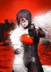  2girls absurdres aiming aiming_at_viewer ambiguous_red_liquid android ariane_yeong belt black_hair blood blood_from_forehead blood_on_face blue_eyes commentary cowboy_shot elster_(signalis) english_commentary glitch gun hand_on_another's_back highres holding holding_gun holding_weapon horizon long_hair looking_at_viewer metal_skin multiple_girls outdoors red_sky ritskyz short_hair signalis signature skin_seams sky standing weapon white_hair yuri 