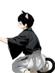  1boy animal_ears arm_up black_hair black_kimono blush cat_boy cat_ears cat_tail closed_eyes commentary_request facing_to_the_side hair_between_eyes hakama hakama_pants highres japanese_clothes jujutsu_kaisen kimono long_sleeves male_focus pants short_hair simple_background sitting solo tail wariza white_background zen'in_naoya zeninnaoyanyam 