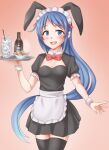  1girl alcohol alternate_costume animal_ears anti_(untea9) apron black_dress black_thighhighs blue_eyes blue_hair blush bottle breasts cup detached_collar dress drinking_glass fake_animal_ears food frilled_apron frills gradient_background gradient_hair highres holding holding_tray kantai_collection long_hair looking_at_viewer multicolored_hair open_mouth pink_background puffy_short_sleeves puffy_sleeves rabbit_ears samidare_(kancolle) short_sleeves small_breasts smile solo thigh-highs tray very_long_hair waist_apron waitress 
