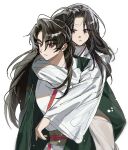  1boy 1girl arm_around_back black_hair carrying chungmyung closed_mouth expressionless green_jacket highres jacket long_hair long_sleeves looking_to_the_side malga_(milky721) piggyback ponytail return_of_the_mount_hua_sect sash uniform upper_body violet_eyes white_background yu_iseol_(return_of_the_mount_hua_sect) 
