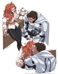  1boy 1girl bodysuit breasts cape checkered_cloak couple cowl crescent_ornament dark-skinned_male dark_skin elsa_bloodstone highres hood hooded_cape hwanzx kiss large_breasts marc_spector marvel marvel_rivals moon_knight moon_knight_(disney+) moon_tattoo multicolored_armor red_hair superhero_costume tattoo white_bodysuit white_cape white_hood 