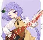  1girl chunmarupi dress flower hair_flower hair_ornament highres holding holding_instrument instrument long_hair long_sleeves looking_at_viewer musical_note purple_hair touhou tsukumo_benben twintails upper_body violet_eyes yellow_dress 