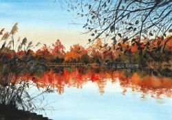  autumn blue_sky evening gradient_sky highres lake narihayao no_humans original outdoors painting_(medium) plant reflection reflective_liquid scenery sky traditional_media tree water watercolor_(medium) 