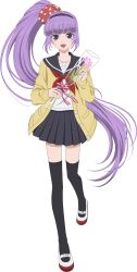  1girl alternate_hairstyle artist_request black_hairband black_sailor_collar black_skirt black_thighhighs cardigan flower full_body game_cg hairband highres holding holding_flower long_hair looking_at_viewer neckerchief official_alternate_costume official_art open_mouth pink_flower polka_dot polka_dot_scrunchie purple_hair red_neckerchief sailor_collar sailor_shirt school_emblem school_uniform scrunchie serafuku shirt shoes side_ponytail skirt smile solo sophie_(middle-school_mascot)_(tales) sophie_(tales) standing tales_of_(series) tales_of_asteria tales_of_graces thigh-highs third-party_source transparent_background very_long_hair violet_eyes white_shirt white_shoes yellow_cardigan 