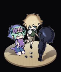  3boys antenna_hair basil_(faraway)_(omori) basil_(headspace)_(omori) basil_(omori) black_hair black_shirt black_shoes black_shorts black_skin black_socks black_sweater_vest blonde_hair blue_eyes blue_overalls blush book brown_shorts ccn_ncc3 chibi chibi_only colored_skin commentary double-parted_bangs dual_persona flower flower_wreath green_hair green_sweater_vest hair_between_eyes head_wreath highres holding holding_book looking_at_another looking_at_viewer multiple_boys omori open_mouth overall_shorts overalls photo_(object) seiza shirt shoes short_hair short_sleeves shorts sidelocks sitting smile socks stranger_(omori) sweater_vest t-shirt untranslatable_commentary white_eyes white_shirt white_socks 