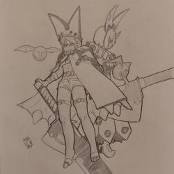  2girls bandaged_arm bandages belt_bra breasts bug closed_mouth clover cosplay dark-skinned_female dark_skin elphelt_valentine elphelt_valentine_(cosplay) floating floating_object floating_sword floating_weapon fly four-leaf_clover graphite_(medium) greyscale guilty_gear guilty_gear_strive hair_between_eyes hairband highres looking_at_viewer medium_breasts monochrome multiple_girls photo_(medium) ramlethal_valentine ramlethal_valentine_(cosplay) sergent_magnom short_shorts shorts simple_background sketch spiked_hairband spikes sword traditional_media weapon white_shorts 