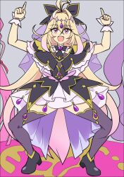  1girl :d antenna_hair arms_up black_capelet black_dress black_thighhighs blonde_hair bowlegged_pose brooch capelet commentary_request cure_arcana_shadow dancing diamond_hairband dress frilled_capelet frilled_cuffs frills hair_intakes heart heart_brooch highres jewelry long_hair magical_girl meitantei_precure! moria_luluka open_mouth pink_eyes pointing pointing_up precure purple_veil purple_wrist_cuffs smile solo thigh-highs veil very_long_hair wahiko_(black_bastard) wrist_cuffs 