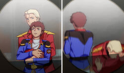  2boys amuro_ray back belt blonde_hair brown_hair char's_counterattack char_aznable embarrassed epaulettes feet_out_of_frame gundam highres holding hug hug_from_behind jacket long_sleeves military_uniform multiple_boys short_hair smile turtleneck yy0880yy 