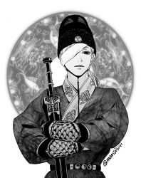  1girl androgynous bandage_over_one_eye chainsaw_man chinese_clothes futou hanfu highres holding holding_sword holding_weapon jian_(weapon) mantisi41 ming_dynasty monochrome quanxi_(chainsaw_man) solo sword twitter_username weapon 