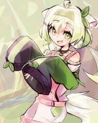 1girl ahoge animal_ears ferret_ears ferret_girl ferret_tail food fruit green_eyes green_hair hairband hashtag-only_commentary highres indie_virtual_youtuber lime_(fruit) lime_slice limealicious open_mouth overalls pink_overalls shorts sleeves_past_wrists suspenders troubleshooter_bun twintails virtual_youtuber white_hair white_tail 