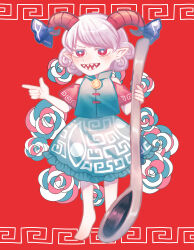  absurdres barefoot blue_bow blue_flower blue_shirt blue_skirt bow brooch commentary_request curly_hair deformed detached_sleeves earrings finger_gun floral_background flower frilled_skirt frills giant_spoon goat_girl goat_horns grey_hair hair_bow highres holding holding_spoon horns jewelry light_blush looking_at_viewer meandros open_mouth pointing pointy_ears red_background red_eyes red_flower red_horns red_sleeves sharp_teeth shirt short_hair simple_background skirt spoon sunken_fossil_world swept_bangs teeth toraneko_2 touhou toutetsu_yuuma v-shaped_eyebrows white_flower 