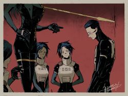 1boy 4girls adler_(signalis) android arms_behind_back black_hair blue_eyes border closed_eyes crack cracked_wall dated facial_mark falke_(signalis) forehead_mark fune_(nkjrs12) hand_on_own_hip height_difference highres kolibri_(signalis) metal_skin multiple_girls pointing polearm red_background scolding short_hair signalis signature skin_seams smile spear standing sword_in_wall weapon white_border 