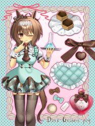  1girl absurdres agnes_tachyon_(umamusume) alternate_costume animal_ears beaker bib_collar black_thighhighs bow breasts brown_bow brown_hair brown_necktie brown_ribbon buttons candy chocolate commentary_request dress ear_ornament english_text engrish_text feet_out_of_frame finger_to_mouth food frilled_hairband frills green_bow green_dress hair_between_eyes hair_bow hairband heart heart-shaped_chocolate heart-shaped_food heart_button highres holding holding_tray horse_ears horse_girl horse_tail icing index_finger_raised looking_at_viewer love_potion maid medium_breasts medium_hair mint_chocolate multicolored_dress neck_ribbon necktie nmyu_nurse one_eye_closed petticoat plaid_clothes plaid_dress polka_dot polka_dot_background potion puffy_short_sleeves puffy_sleeves ranguage ribbon short_sleeves skindentation solo tail thigh-highs tongue tongue_out tray umamusume unconventional_maid white_hairband white_wrist_cuffs wrist_cuffs 
