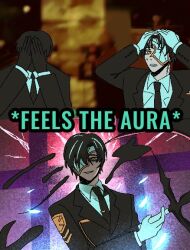  3boys black_gloves black_hair black_necktie black_suit collared_shirt covering_own_face english_text feels_the_aura_(meme) gloves holding holding_weapon index_(identity)_(project_moon) jacket lapels limbus_company makanbes4r mask_over_one_eye meme multicolored_hair multiple_boys necktie notched_lapels project_moon rien_(project_moon) roland_(project_moon) shirt short_hair suit suit_jacket surprised sweatdrop two-tone_hair weapon white_gloves white_hair white_shirt yellow_eyes yi_sang_(project_moon) 