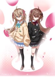  2girls absurdres ahoge aqua_bow aqua_bowtie asymmetrical_legwear bandaid bandaid_on_knee bandaid_on_leg black_cardigan black_skirt black_socks black_thighhighs blue_eyes blue_sailor_collar blue_sky bow bowtie broken_heart broken_heart_hair_ornament brown_hair brown_shoes cardigan closed_mouth commentary dress_shirt evil_neuro-sama from_above from_side full_body hair_between_eyes hair_ornament hair_ribbon hand_grab heart heart_hair_ornament highres loafers long_hair long_sleeves looking_at_viewer miniskirt multiple_girls neuro-sama pleated_skirt red_bow red_bowtie red_eyes red_ribbon ribbon sailor_collar shirt shoes siblings single_sock single_thighhigh sisters skirt sky smile socks standing thigh-highs trashhuas twins two_side_up uneven_legwear untranslatable_commentary v-neck vedal_ai white_shirt yellow_cardigan 