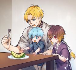  3boys aged_down albel_nox azhi_kurage blonde_hair blue_eyes blue_hair cliff_fittir closed_mouth commentary_request ear_piercing fayt_leingod food fruit japanese_clothes male_focus melon multicolored_hair multiple_boys piercing short_hair smile star_ocean star_ocean:_till_the_end_of_time 