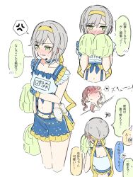  4girls alternate_costume anger_vein arm_at_side arm_under_breasts belt blue_choker blue_shorts blush bow breasts choker collarbone colored_speech_bubble commentary_request cosplay covered_mouth covering_own_mouth cowboy_shot crop_top cropped_legs cropped_shirt ear_blush embarrassed frilled_choker frilled_shorts frills green_eyes grey_hair hairband hands_up hashire!_taiikumatsuri!_~jikkou_iin_wa_ooisogashi~_(project_sekai) heart highres hinomori_shiho hoshino_ichika_(project_sekai) ku_st2710 midriff mochizuki_honami multiple_girls multiple_views name_tag navel nose_blush ootori_emu ootori_emu_(cosplay) out_of_frame pom_pom_(cheerleading) project_sekai shirt short_hair short_shorts shorts sidelocks sideways_glance simple_background small_breasts speech_bubble spoken_anger_vein spoken_heart squiggle striped_belt suspender_shorts suspenders sweat tenma_saki tied_shirt white_background white_belt white_bow yellow_hairband 