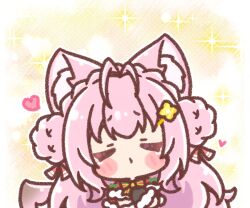  1girl animal_ear_fluff animal_ears antenna_hair black_gloves bow braid chibi closed_eyes closed_mouth commentary_request crown_braid double_bun facing_viewer flower fur-trimmed_gloves fur_trim gloves hair_bun hair_flower hair_ornament hairclip hakui_koyori heart hololive long_hair mitarashi_neko pink_hair solo striped_bow upper_body very_long_hair virtual_youtuber yellow_flower 
