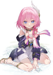  1girl absurdres animal_ears bare_shoulders blue_eyes breasts chinese_commentary coat commentary_request cyrene_(honkai:_star_rail) cyrene_(philia093)_(honkai:_star_rail) drawing_on_snow dress fake_animal_ears full_body hair_ornament highres holding_hairband honkai:_star_rail honkai_(series) jewelry looking_at_viewer medium_hair necklace parted_lips pink_hair pink_pupils purple_coat sandals simple_background sitting small_breasts solo toes wariza white_background white_dress white_hair xingqiba_(974528265) 