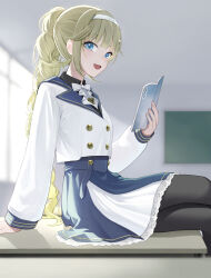  1girl :d absurdres akatsuki_(osamaru36) arm_support black_pantyhose blonde_hair blue_eyes blue_skirt blunt_bangs blurry blurry_background book bow bowtie braid braided_ponytail collared_shirt commentary_request crossed_legs desk from_side hairband hanabusa_lisa hanabusa_lisa_(5th_costume) highres holding holding_book indoors long_hair long_sleeves looking_at_viewer medium_skirt official_alternate_costume on_desk open_mouth pantyhose shirt sideways_glance sitting skirt smile solo very_long_hair virtual_youtuber vspo! white_bow white_hairband white_shirt 