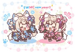  2girls ;d animal_ear_fluff animal_ears animal_hands black_gloves black_shoes blue_eyes blue_hair blue_kimono blush_stickers brown_hair chibi commentary_request dog_ears dog_girl dog_tail fuwawa_abyssgard fuwawa_abyssgard_(new_year) gloves highres hololive hololive_english japanese_clothes kimono mitarashi_neko mococo_abyssgard mococo_abyssgard_(new_year) multicolored_hair multiple_girls notice_lines one_eye_closed paw_gloves paw_shoes pink_eyes pink_hair pink_kimono ponytail shoes siblings sisters smile streaked_hair tail twins virtual_youtuber 