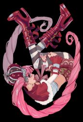  1girl absurdres black_background black_pantyhose boots capelet crown full_body high_heel_boots high_heels highres long_hair one_piece pantyhose perona pink_hair red_boots red_capelet red_skirt rygge shirt simple_background skirt solo striped_clothes striped_pantyhose twintails two-tone_pantyhose very_long_hair white_pantyhose white_shirt 