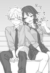 1boy 1girl :d absurdres akkgsyk animal_ears assertive_female bench between_legs blush cheek_poking closed_eyes collared_shirt commentary_request copyright_name ear_blush feet_out_of_frame greyscale hand_between_legs hetero highres long_sleeves monochrome necktie ogami_tsumiki ogami_tsumiki_to_ki_nichijou open_mouth pants pleated_skirt poking shinsou_yutaka shirt shoulder-to-shoulder side-by-side sitting skirt sleeves_rolled_up smile socks sweat tail tail_wrap teeth upper_teeth_only wavy_mouth wolf_ears wolf_girl wolf_tail 