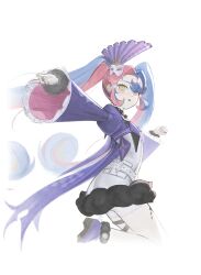  1girl absurdres arched_back belt belt_pouch blue_hair blush border clenched_hand cropped_jacket cropped_legs curled_ends curtained_hair deardd dress dress_ruff eye_mask facing_viewer fading_border flipped_bangs forehead frilled_sleeves frills from_side fur-trimmed_dress fur-trimmed_shoes fur_trim hair_ornament heterochromia highres jacket jewelry juliet_sleeves jumping leg_tattoo long_hair long_sleeves looking_ahead looking_back mask mask_on_head masquerade_mask microdress multicolored_hair multiple_rings outstretched_arm parted_lips pink_eyes pink_hair pom_pom_(clothes) pom_pom_hair_ornament pouch puffy_sleeves purple_jacket purple_shoes ring ring_on_every_finger roccia_(wuthering_waves) shoes short_shorts shorts shorts_under_dress simple_background solo split-color_hair symbol-shaped_pupils tacet_mark_(wuthering_waves) tattoo thigh_strap twintails two-tone_hair very_long_hair white_background white_belt white_dress white_mask white_shorts wide_sleeves wuthering_waves x-shaped_pupils yellow_eyes 