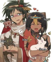  1boy 1girl animalization black_hair blush bug butterfly cat commentary_request dark-skinned_female dark_skin english_text gawayama53 green_eyes hair_tubes heart highres laurel_crown midriff musical_note navel open_mouth original short_hair sidelocks simple_background speech_bubble spoken_musical_note sweatdrop upper_body white_background 