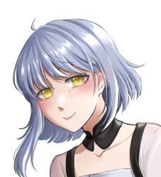  1girl black_collar closed_mouth collar collarbone commentary detached_collar dot_nose dress english_commentary eyelashes grey_hair happy highres jacket light_blush lipstick makeup mandarin_collar nikki_(series) nonoberry22 open_clothes open_jacket pink_lips see-through_clothes see-through_jacket shining_nikki short_hair_with_long_locks simple_background single_sidelock smile solo strapless strapless_dress upper_body white_background white_dress white_jacket yellow_eyes yexiao_(shining_nikki) 