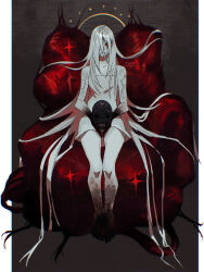  1girl ariane_yeong artist_name bandaid bandaid_on_arm bandaid_on_face barefoot black_hands colored_extremities colored_skin commentary dress english_commentary expressionless flesh full_body grey_background hair_over_one_eye hair_spread_out highres holding holding_mask long_hair mask multicolored_skin one_eye_covered pillarboxed red_eyes signalis sitting solo straight-on too_many_bandaids two-tone_skin very_long_hair vesper_(v17-20) white_dress white_hair 