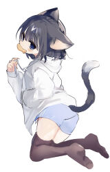  1girl absurdres animal_ears black_hair black_thighhighs blue_eyes blue_shorts cat_ears cat_girl cat_tail commentary_request food food_in_mouth full_body hand_up highres jacket kmnk_(kumanuko) kneeling looking_back original short_hair shorts simple_background sketch tail taiyaki thigh-highs wagashi white_background white_jacket 