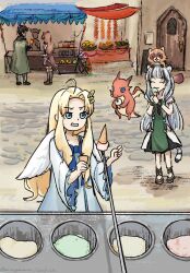  1boy 3girls accio_gamecube ahoge animal_ear_fluff animal_ears animal_on_head ankle_boots artist_name atla_fayon bird_girl bird_wings black_boots black_dress black_hair blonde_hair blue_bow blue_dress blue_eyes blunt_bangs blunt_ends boots bow brown_boots brown_dress brown_hair chest_bow child cloak closed_eyes closed_mouth collarbone commentary day dragon dress eating english_commentary facing_ahead feathered_wings food food_stand frustrated full_body gaelion_(tate_no_yuusha_no_nariagari) green_cloak green_dress grey_boots grey_pants hair_ornament hands_up highres ice_cream ice_cream_cone ice_cream_stand iwatani_naofumi long_hair long_sleeves market medium_dress meme_request messy_hair motion_lines multicolored_boots multicolored_hair multiple_girls on_head open_mouth outdoors pants raccoon_ears raccoon_girl raccoon_tail raph-chan raphtalia shadow_people short_dress short_hair short_sleeves signature smile tail tate_no_yuusha_no_nariagari thigh_boots tiger_ears tiger_girl tiger_tail twitter_username two-tone_boots two-tone_dress two-tone_hair upper_body v-shaped_eyebrows watermark white_dress white_hair white_wings wide_sleeves wing_hair_ornament wings wrist_cuffs zettai_ryouiki 