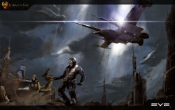  2others absurdres aircraft ambiguous_gender armor armored_bodysuit attack_ship_(eve_online) battleship_(eve_online) building caldari_state_(eve_online) clouds cloudy_sky combat_helmet commentary copyright_logo copyright_name day dome0802 english_commentary eve_online floating helmet highres holding ishukone_corporation_(eve_online) logo making-of_available military_vehicle multiple_others outdoors overcast radio_antenna raven_(eve_online) scenery science_fiction sky skyscraper spacecraft sunlight 