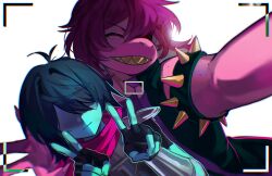  0916psy 1girl 1other absurdres androgynous black_gloves black_vest blue_skin cape closed_eyes closed_mouth colored_skin colored_teeth commentary_request cuirass deltarune double_v furry furry_female gauntlets gloves highres korean_commentary kris_(dark_world)_(deltarune) kris_(deltarune) lens_flare looking_at_viewer no_eyes open_clothes open_mouth open_vest purple_hair purple_skin red_cape selfie shaded_face sharp_teeth smile susie_(dark_world)_(deltarune) susie_(deltarune) teeth utdr_(toby_fox) v vest yellow_teeth 