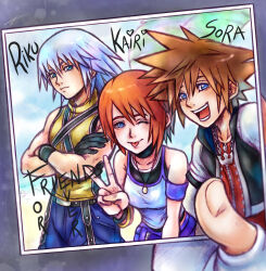  1girl 2boys :p blue_eyes brown_hair character_name gloves highres holding holding_photo jewelry kairi_(kingdom_hearts) kingdom_hearts kingdom_hearts_i looking_at_viewer marylilac multiple_boys necklace nomura_tetsuya_(style) photo_(object) polaroid_photo red_hair riku_(kingdom_hearts) scene_reference short_hair sleeveless smile sora_(kingdom_hearts) spiky_hair tongue tongue_out 
