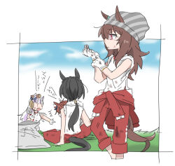  4girls animal_ears beanie beer_hsk black_hair blue_bow blue_sky bow braid brown_hair brown_hat clothes_around_waist clouds commentary_request crown_braid day dirty dirty_clothes ear_bow ear_covers ears_through_headwear gloves gold_ship_(umamusume) grey_hair grey_hat hat horse_ears horse_girl horse_tail jacket jacket_around_waist kin'iro_ryotei_(umamusume) long_hair low_ponytail mini_hat multiple_girls nakayama_festa_(umamusume) orfevre_(old_design)_(umamusume) outdoors pants pointing ponytail red_eyes red_jacket red_pants shirt short_sleeves sitting sky striped_clothes striped_headwear tail track_jacket track_pants track_suit translation_request umamusume vertical-striped_clothes vertical-striped_headwear very_long_hair white_gloves white_shirt 